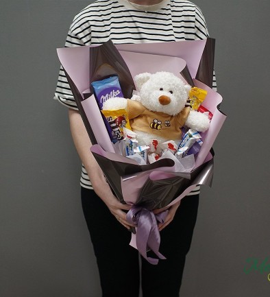 Candy Bouquet with Bounty, Milka, Raffaello, M&M’s, and Teddy Bear (made to order, one day) photo 394x433